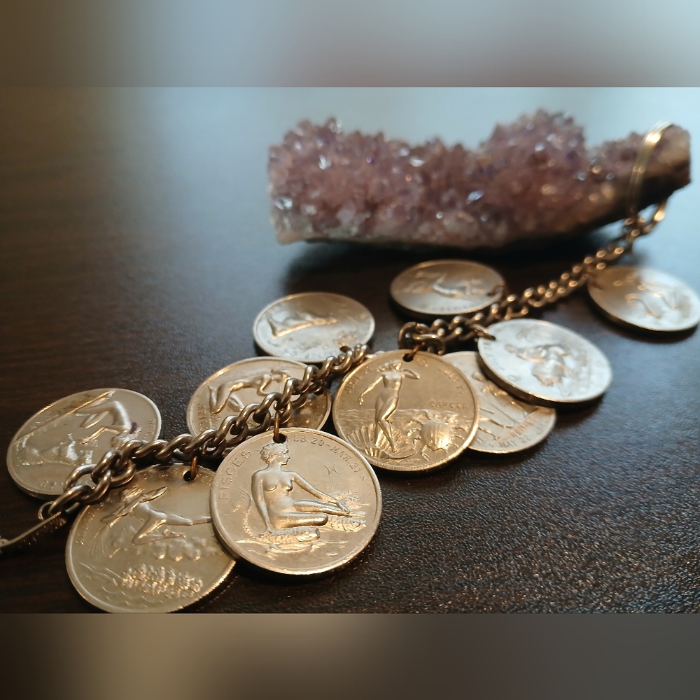 vintage 1970s stainless steel horoscope lucky charm bracelet/keychain